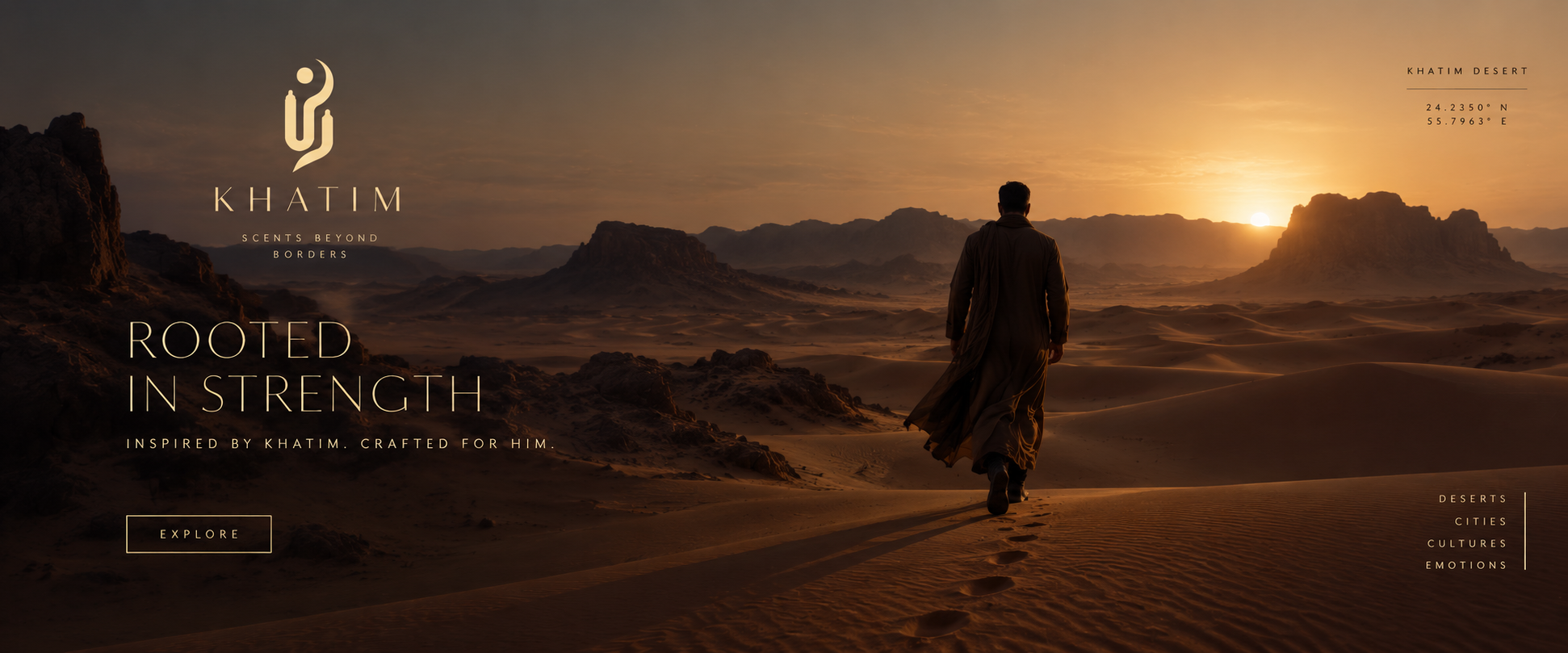 Khatim fragrance story in the desert at sunset